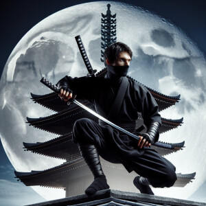 Create an image of a stealthy ninja dressed in traditional black...