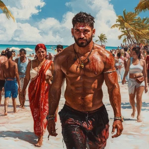 Realism art style ,a muscular beefy sweaty man walking on bahama...