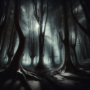 "In the heart of the shadowy forest, sunlight struggles to reach...