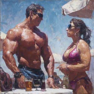 Photo realism, painting,a muscular sweaty beefy criminal son-in-...