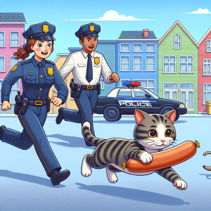 Создай изображение кота, который украл сосиску и убегает от поли...