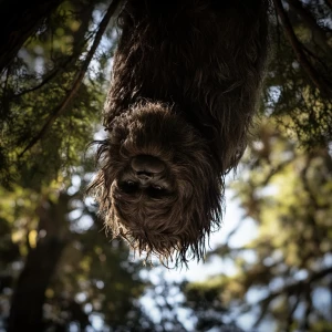 A humanoid looking hair covered sasquatch hanging upside-down hi...