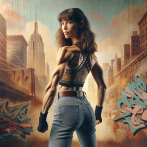 Athletic Thin skinny Attractive, Asian teenage girl, long brown hair and bangs, wearing tight skinny jeans and a halter top paint marks on her clothing, heroic pose Asian graffiti background, backside view