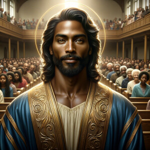 Illustrate an inspiring African-American Jesus crust with a dign...