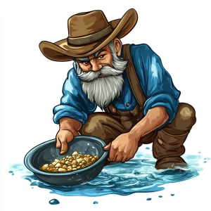 An old prospector with a bushy mustache panning for gold in a ri...