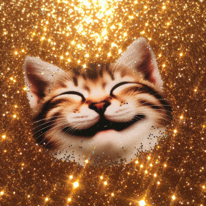 A smiling cat face in entirely gold glitter