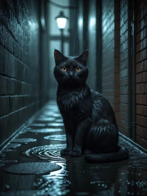 Create a realistic 3D image of a sleek black cat named Luna with...