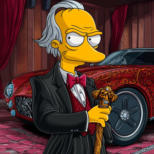 Hannah Barbera style Montgomery burns from the Simpsons, wearing...