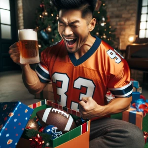 Toys on Christmas morning! A man with a super short hair , weari...