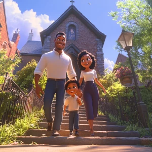 Create an animated Pixar image of a beautiful happy African American family walking up the steps of a church