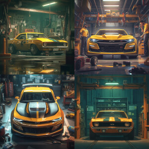 a yelloww chevrolet camaro is parked in a garage, a 3D render by...