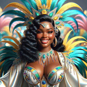 Create a 3-D  vivid full-body view of a colorful glossy hyper-realistic oil painting of a detailed illustration full length photo single image of a beautiful African-American caramel skinned woman plus sized, with long, black, wavy hair, her make up is airbrushed and flawless, she is dressed in a white, teal and yellow large, elaborate, elegant, very detailed carnival costume with colorful African-American pink, blue, gold yellow green feathers, flawless makeup, prominent lashes, black peep toe heels, white pixie hair, background bokeh, she is stunning and smiling, digital art.