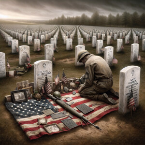 A lone figure kneels beside a weathered headstone. Their face is...