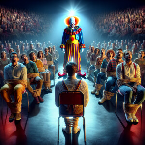 People tied to their chairs stare in horror at the circus stage....