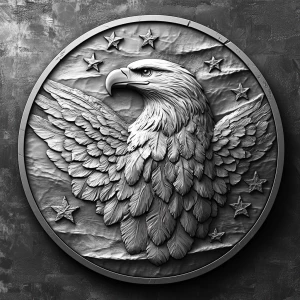 Design a high-contrast grayscale bas relief of an eagle with win...