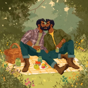 Create an image of two men both black hair and beard wearing jea...