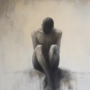 Generate an image of a person in a posture of vulnerability, wit...