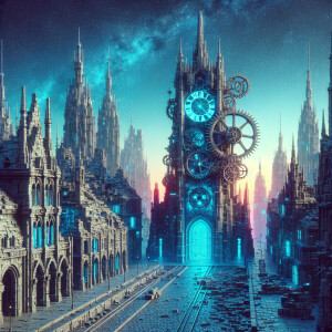 Depict an ancient, decaying city with cobblestone streets and to...