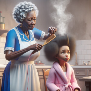 Create a realistic 3-D image of an african-American grandmother wearing a blue house dress and a white apron . She is in the kitchen with her african-American granddaughter. Her granddaughter is wearing a pink bath robe. The grandmother has a hot comb in her hand and she is straightening her granddaughters hair. One side of her granddaughters hair is in  a Afro the other straight 
There is smoke coming from the hot comb
The granddaughter is making a face