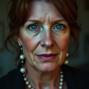 A hyperrealistic portrait of a middle-aged woman with auburn hai...