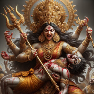 portrait of angry looking goddess durga  carrying a weak mahishasur in her arms and stabbing him with her amazingly designed trident. She is wearing a huge gold crown, red saree, abundant  gold jewelry, covered in blood. The scene is set in ancient India. The image is 8K resolution, cinematic, ultra detailed face and epic.