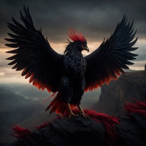 A brooding and ominous Stygian griffin, its ebony feathers glist...
