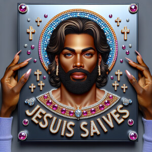 A 3D realistic artwork featuring the phrase 'Jesus Saves' adorne...