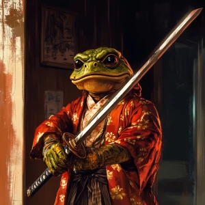 MEME PEPE in GTA art style — holding a samurai sword — highly de...
