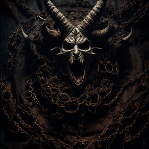 A macabre scene unfolds as a monstrous demonic figure, its horns...