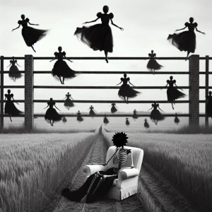 Melancholy black and white image. A big field with a brick fence...