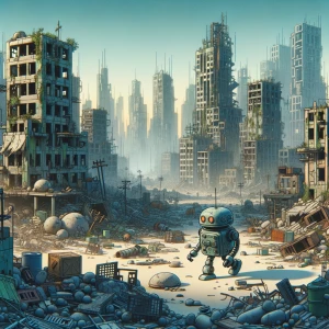 A vast, abandoned cityscape. Crumbling buildings fill the enviro...