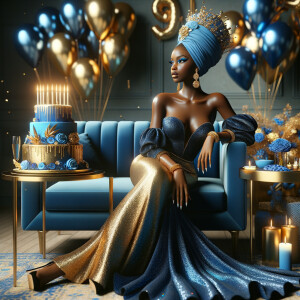 Create a 3-D realistic, African-American woman, she is seated on a luxurious blue couch. She is dressed in a splendid blue and gold gown, with the fabric shimmering like a starlit night sky. Her outfit is complemented by gold earrings and a chic blue and gold head wrap crowning her head with elegance. Beside her, a beautifully decorated birthday cake adorned with blue and gold icing, stands on a small table, with candles waiting to be wished upon. In the air, blue and gold balloons catch the light, adding a touch of magic. The room itself is a harmony of celebration, with hints of gold accents against blue decor, creating an atmosphere of joyous celebration.