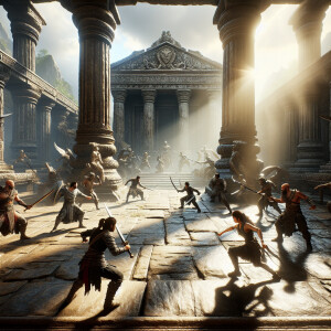 Magnificent combat at a sanctuary, ultra-detailed, ultra-realist...