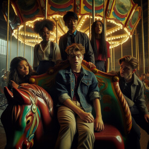 The boy is sitting on an old carousel unconscious. There are fri...