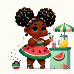 300dpi curvy Nubian chibi cutie in a watermelon-slice mini dre...