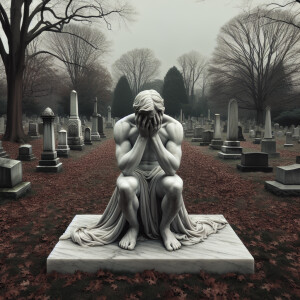 a man made entirely of marble, sitting hands over his face as if...