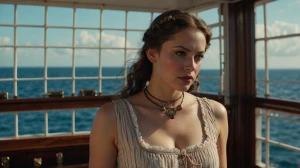 A beautiful lady in a sundress standing on the deck of a flying...