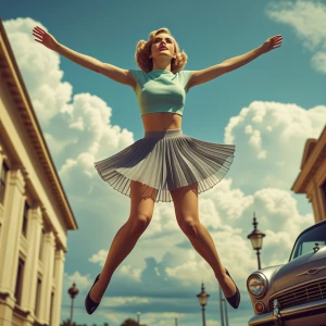 lovely lady diving over the clouds arms wide wearing a crop top...