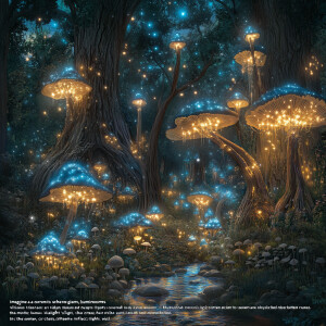 "Imagine a serene forest where giant, luminous mushrooms light t...