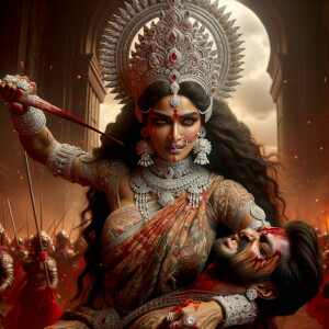 portrait of intense looking, muscular beautiful goddess durga carrying a short weak evil man and stabbing him with her red fingernails. She is wearing diamond saree, diamond armor, a huge diamond crown, abundant diamond jewelry. The scene is set in a dry landscape.  blood everywhere. The image is 8K resolution, cinematic, ultra detailed face and epic.