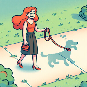 Red head lady taking her invisible dog for a walk