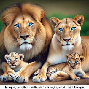 A male lion with striking blue eyes, comfortably lying beside a...