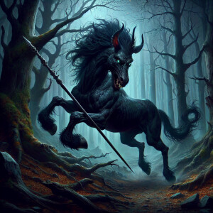 an evil centaur prowls with malevolent grace. Its eyes burn with...