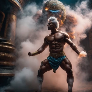 Generate an image of a muscular, gray-haired male genie emerging...