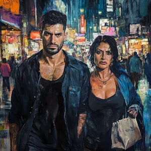 Realistic painting,a muscular sweaty criminal walking with his m...