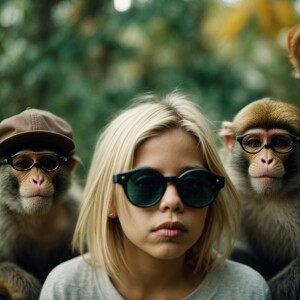 4 monkeys:
1 girl with blonde hair
3 boys with dark glasses an...