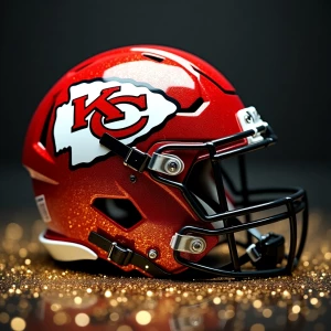 pretty glitter filled black outlined vividly  colored helmet with the Kansas City chiefs  football team logo and colors placed centrally with the team name written in bold graphic font Kansas City chiefs  the back  ground is smokey and gold