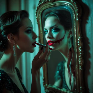 A beautiful woman in elegant attire, her face illuminated only b...