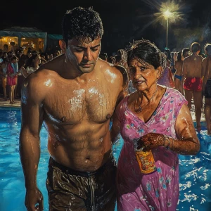Hyperrealistic painting,a muscular beefy sweaty man walking with...