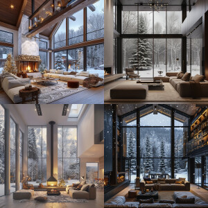 A nice house in the living room see through window snowing with...